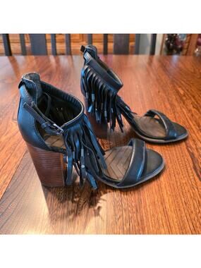 MIA Heritage Black Leather Fringe Ankle Strap Open Toe Heel Booties Sandals 8.5